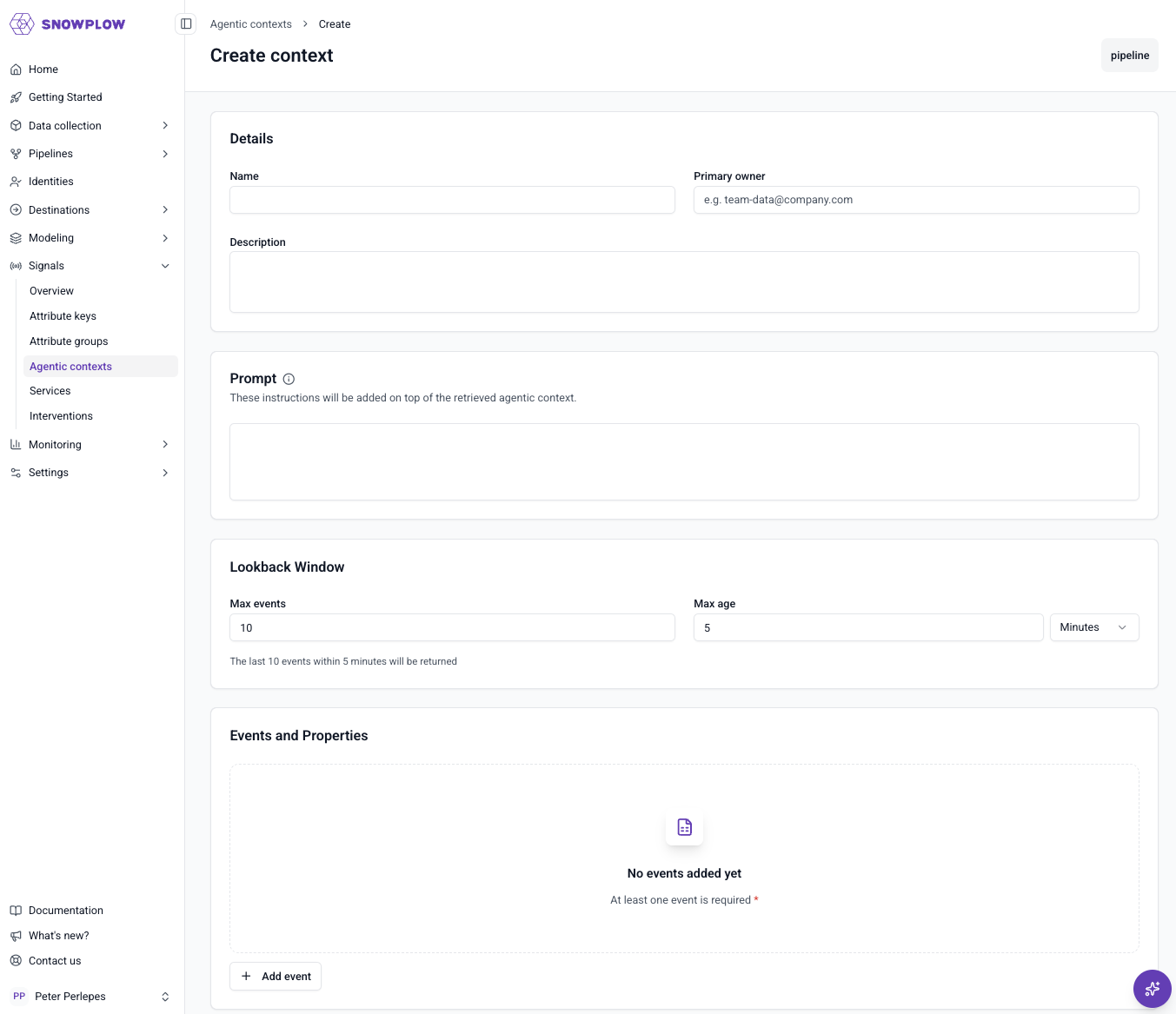 Create agentic context form with name, description, and owner fields