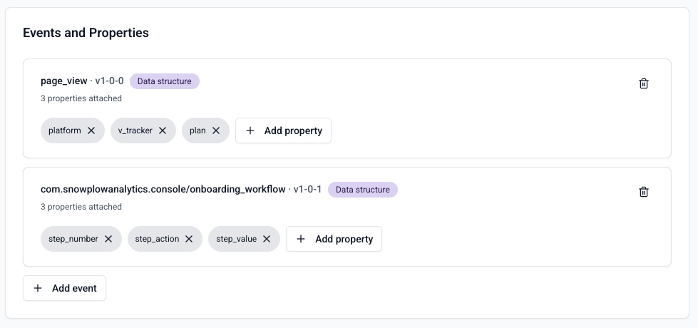 Event selection interface for choosing which events and properties to capture