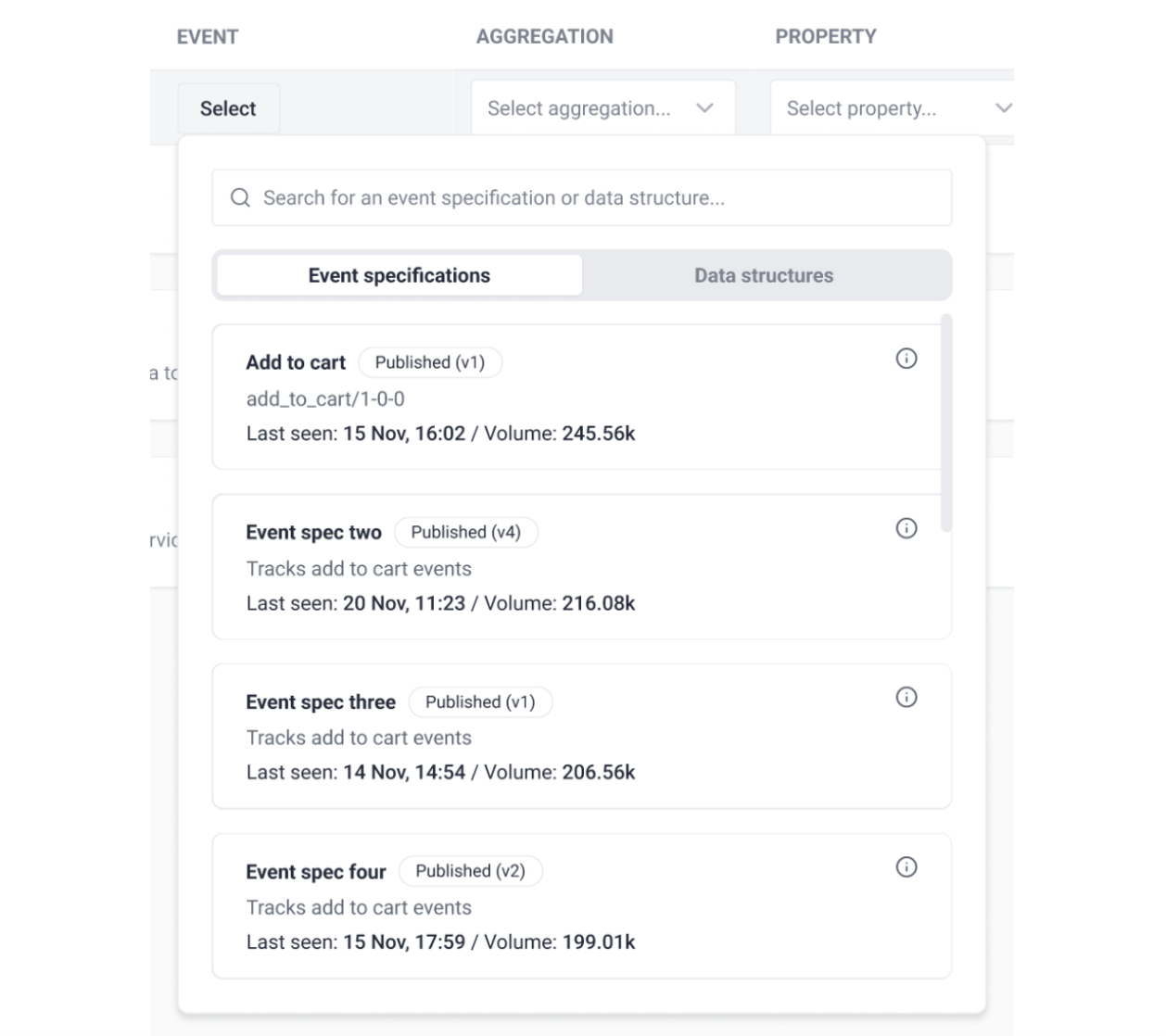 Event filter dropdown showing available event specifications, Snowplow, and custom event schemas