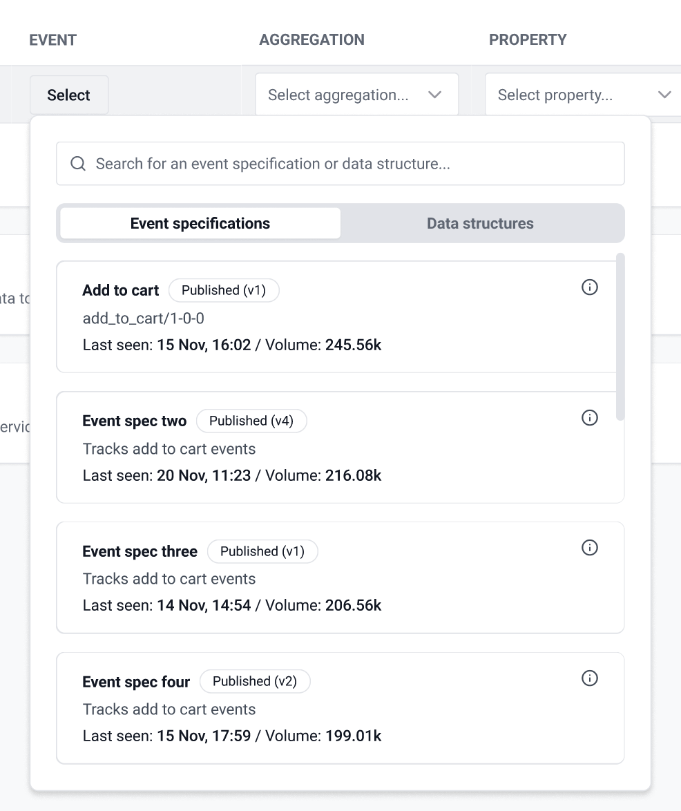 Event filter dropdown showing available event specifications, Snowplow, and custom event schemas
