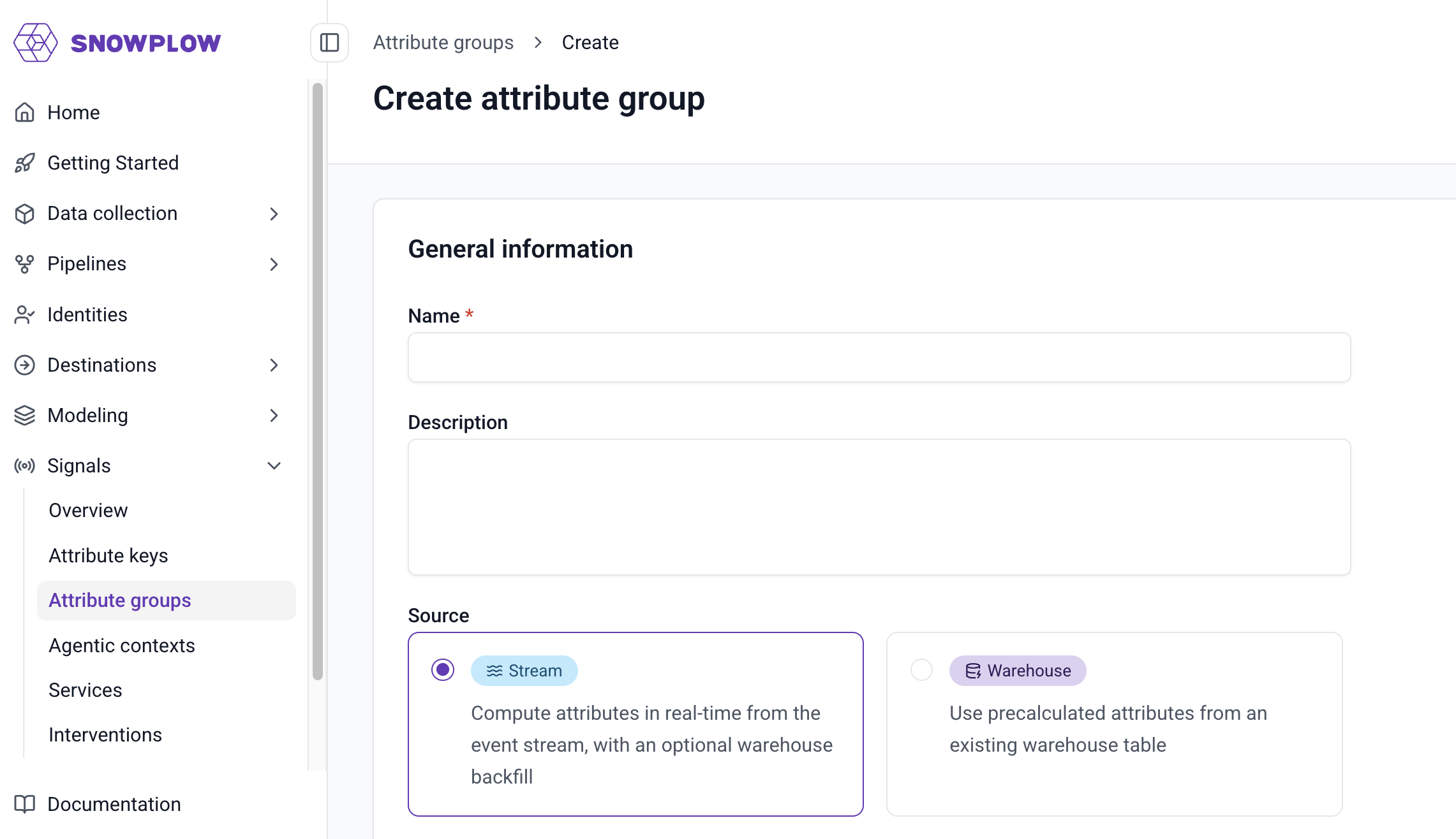Create attribute group form with name, description, data source, and owner fields