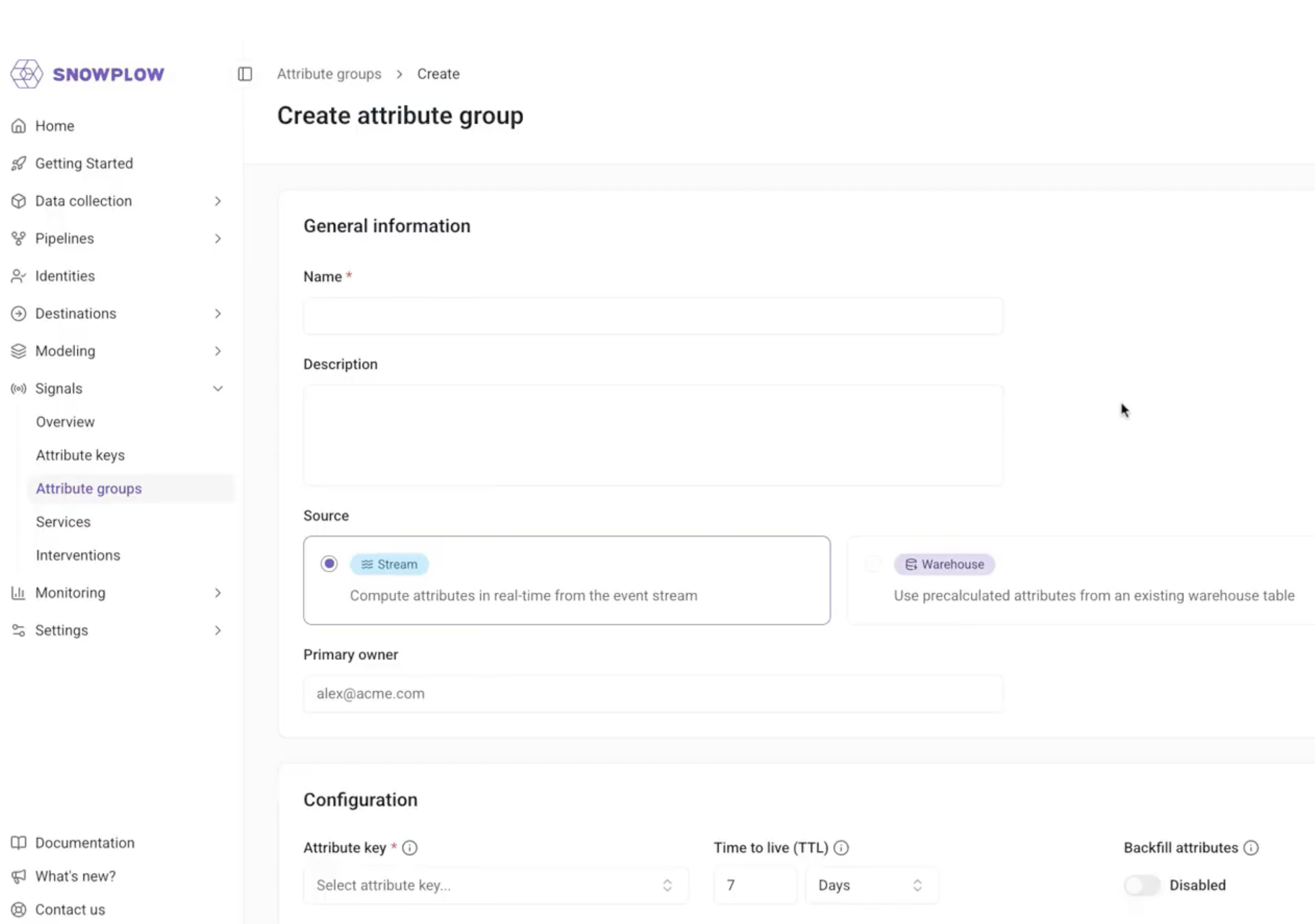 Create attribute group form with name, description, data source, and owner fields