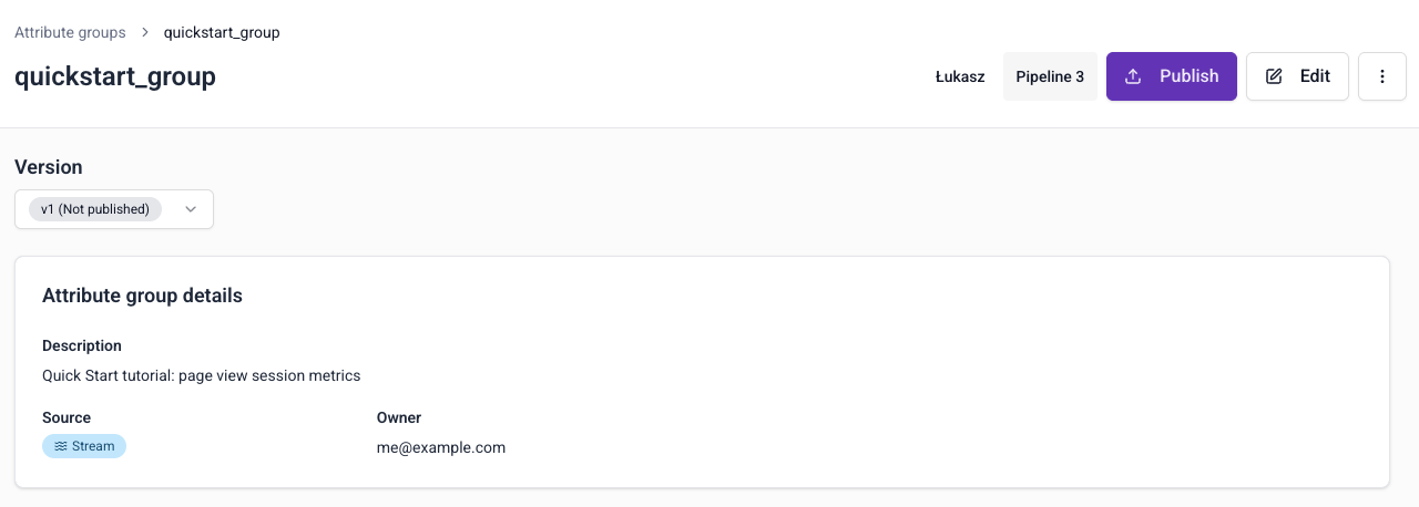 Draft attribute group page showing Edit and Publish buttons