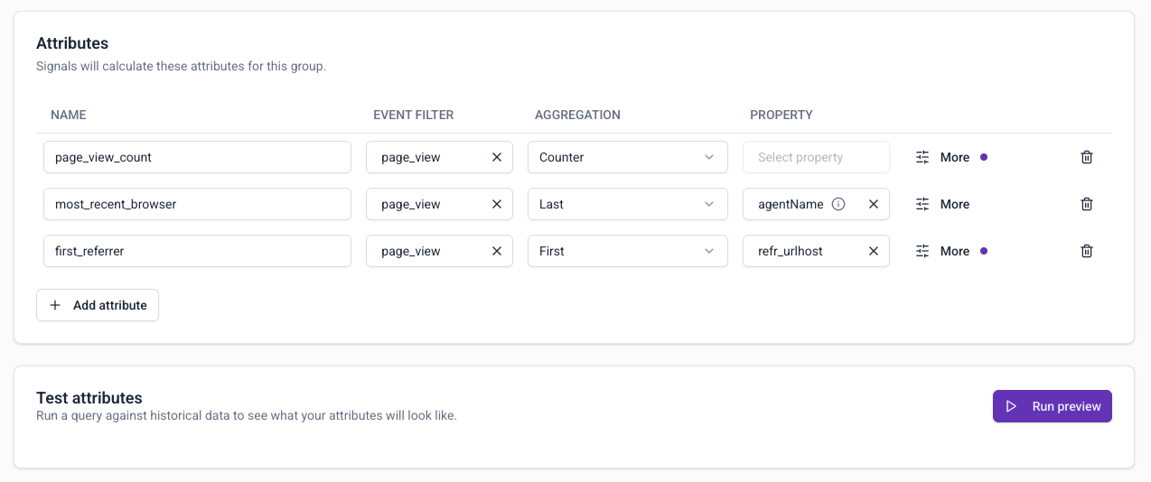 Attribute group with three attributes ready for preview testing