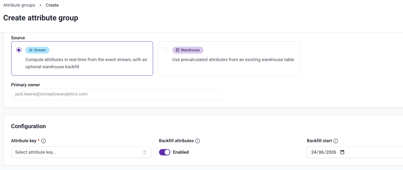 Stream attribute group with Backfill attributes toggle enabled and date picker shown