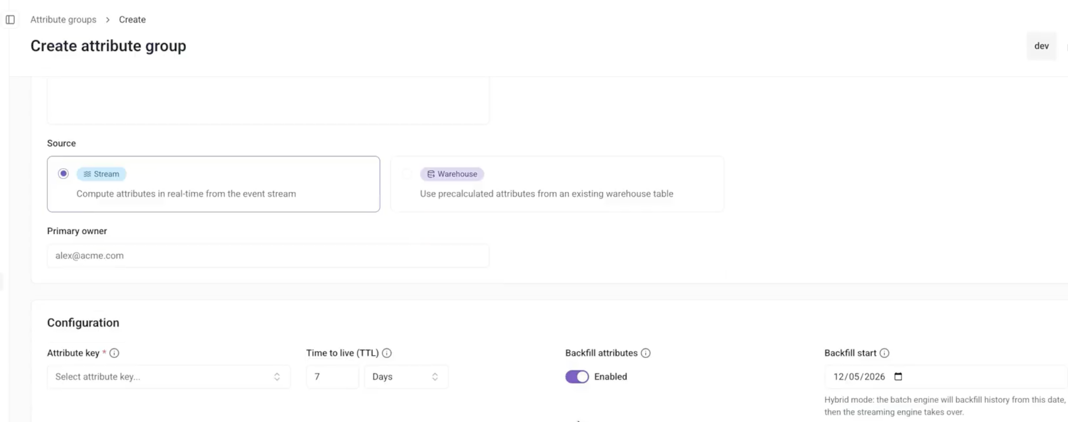 Stream attribute group with Backfill attributes toggle enabled and date picker shown