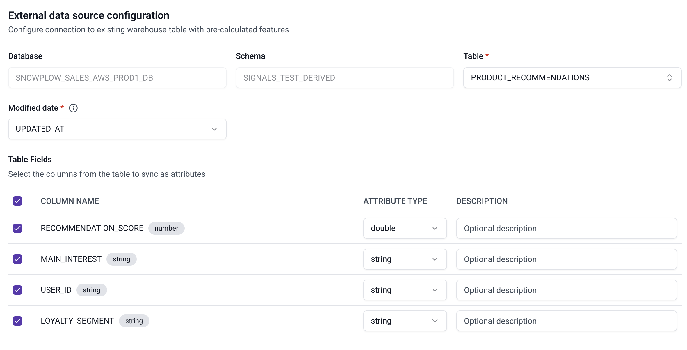 Warehouse source configuration showing warehouse table and field mapping options