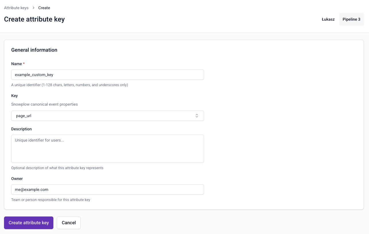 Create attribute key form with name, description, and atomic property selection