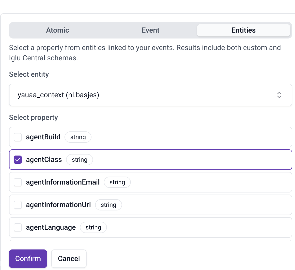 Property selection interface with atomic, event schema, and entity property tabs