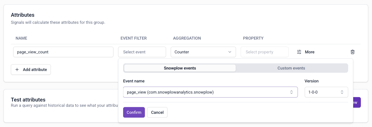 Event selection showing page_view event in Snowplow events list