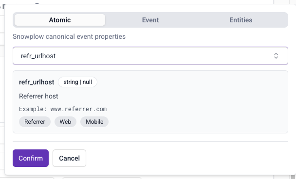 Property selection showing refr_urlhost atomic field for referrer attribute