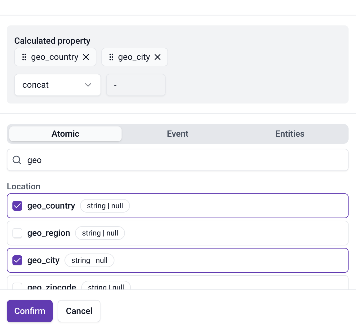 Calculated property panel combining geo_country and geo_city with the concat operation and a hyphen separator