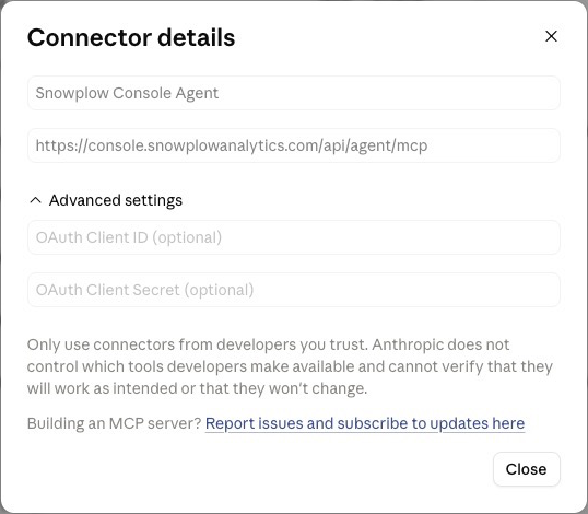Connector details dialog showing the Snowplow MCP name and URL with OAuth Client ID in advanced settings