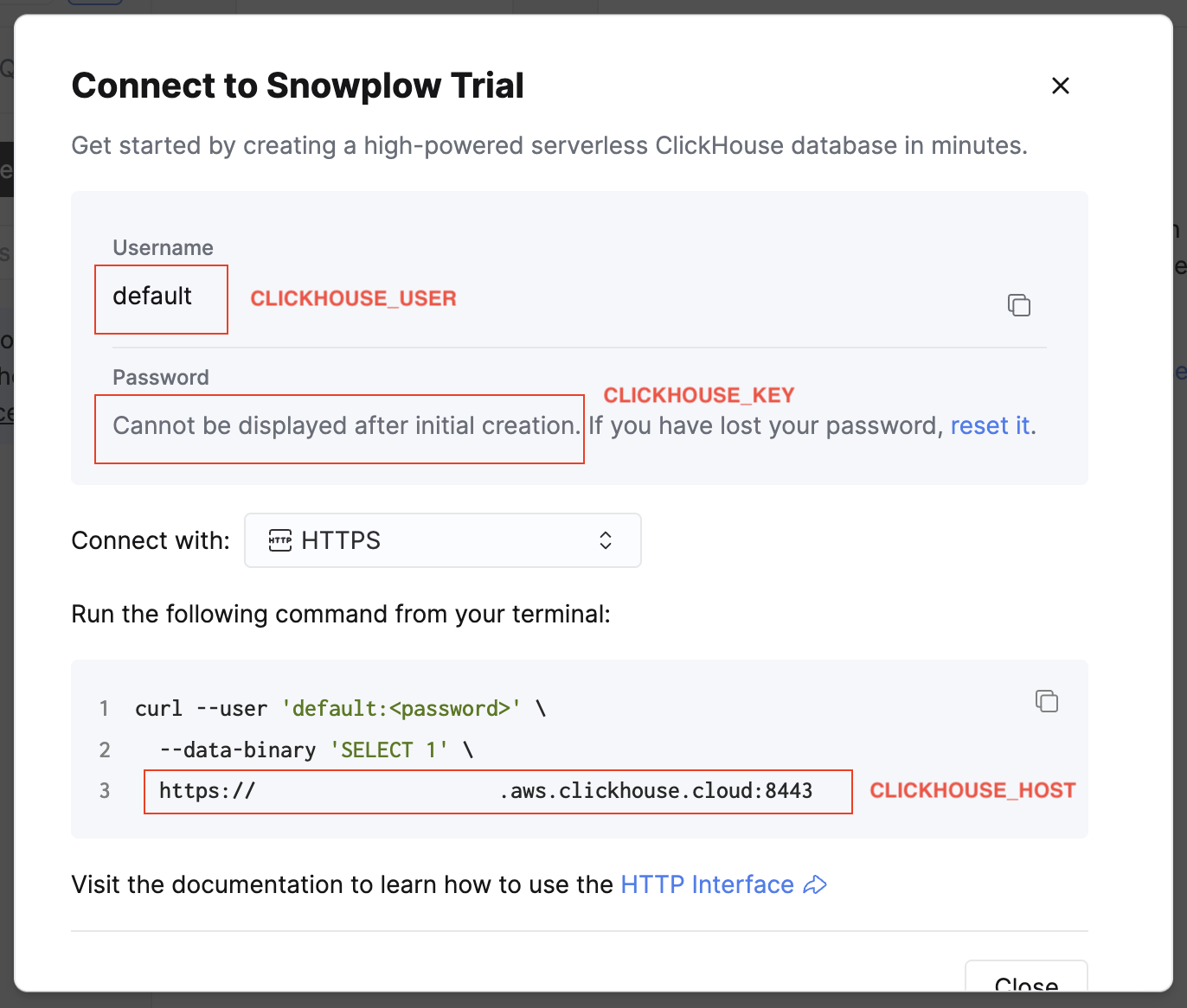 ClickHouse Connect dialog with Username and Password fields annotated as CLICKHOUSE_USER and CLICKHOUSE_KEY, and a curl command with line 3 annotated as CLICKHOUSE_HOST