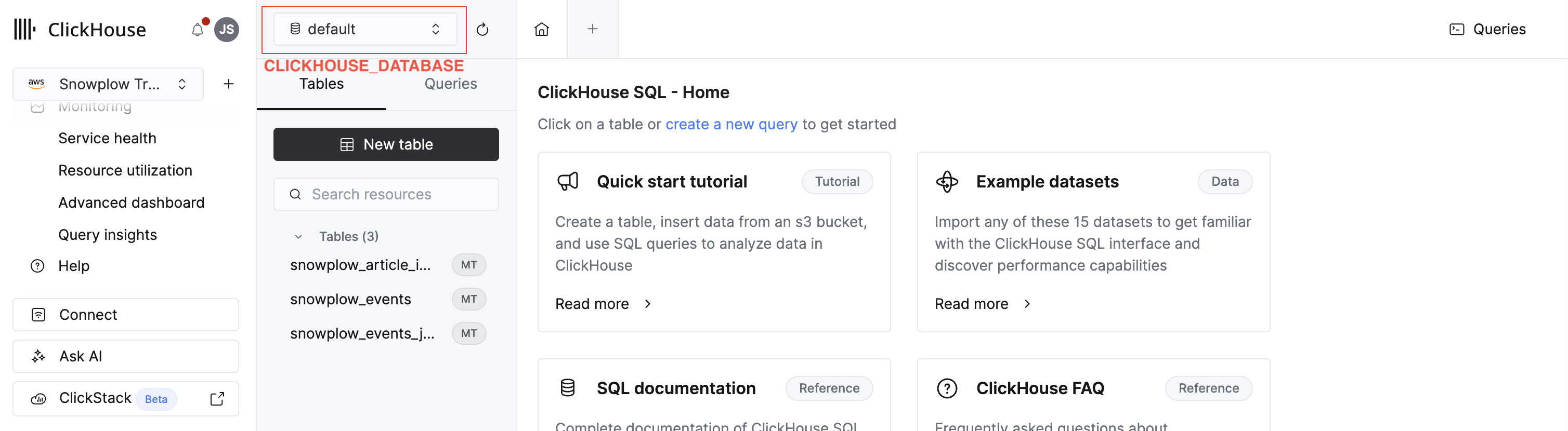 ClickHouse Cloud SQL console home screen with the left navigation showing the Snowplow database and its tables, with the CLICKHOUSE_DATABASE value highlighted in the breadcrumb