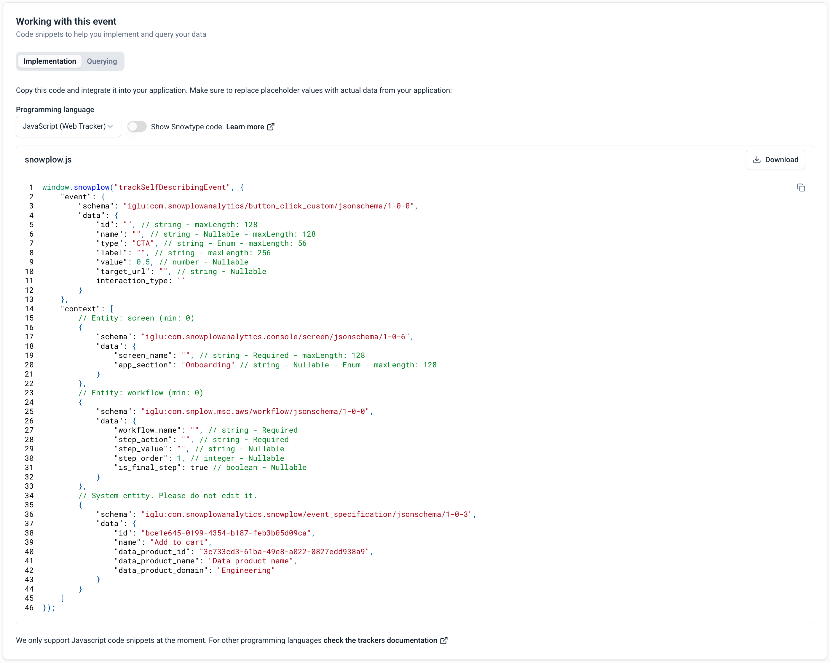 Implementation code snippets