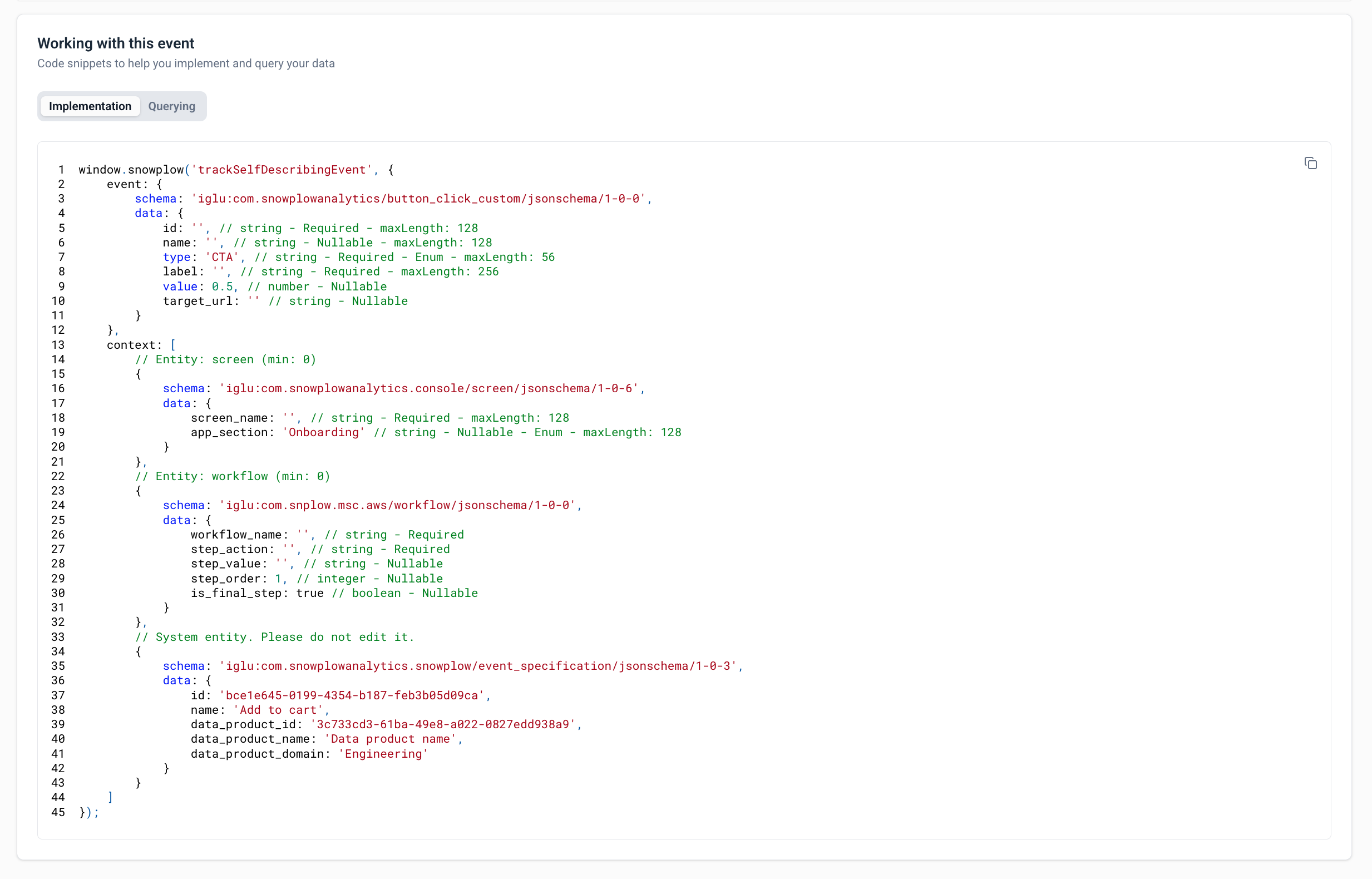 Implementation code snippets
