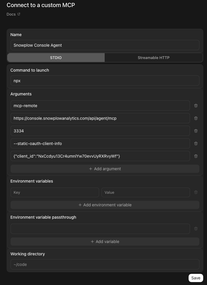Connector details dialog showing the Snowplow MCP configuration in Codex