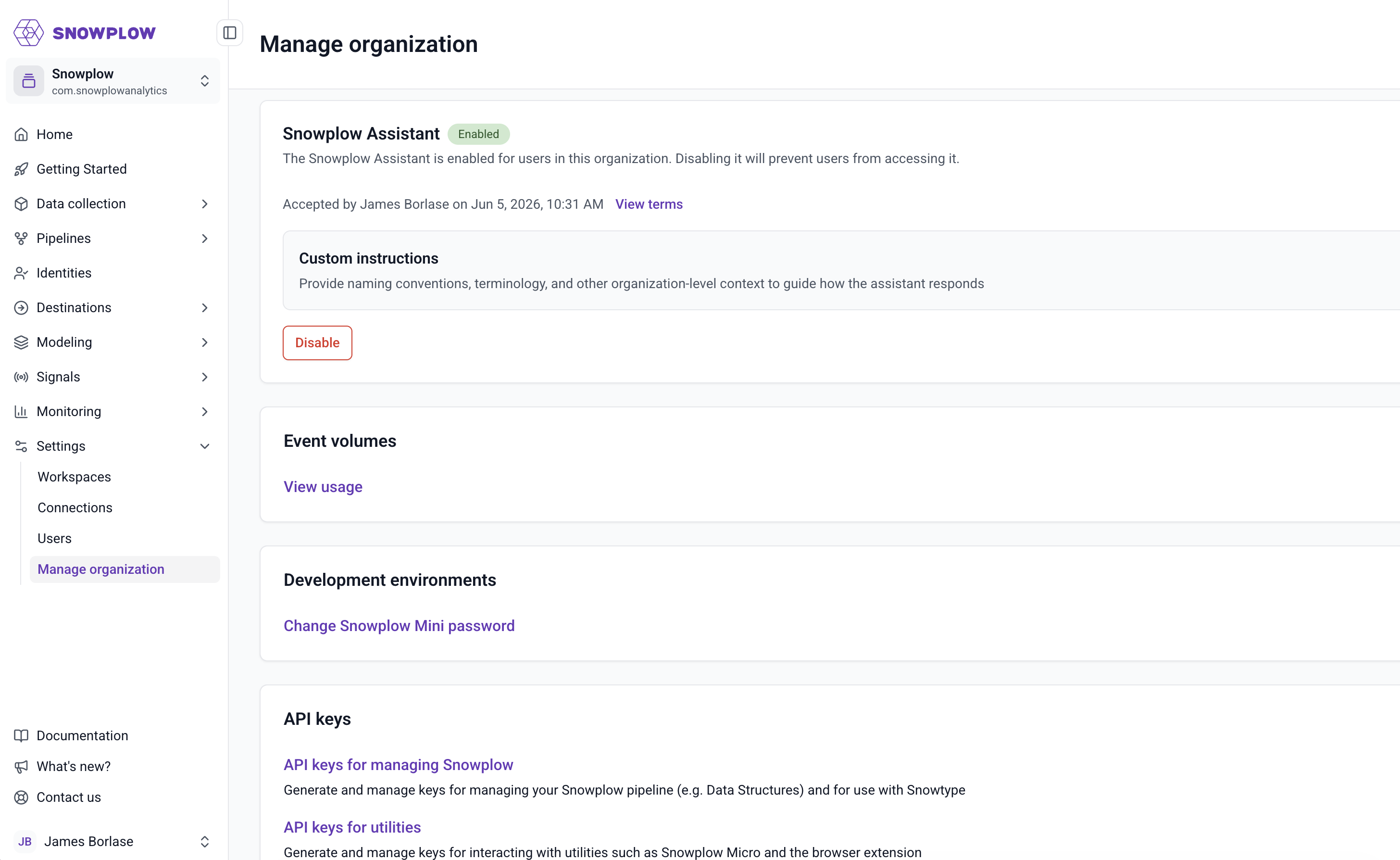 The Manage organization page in Console settings, with the Snowplow Assistant section showing an Enabled badge, a custom instructions panel, and a Disable button