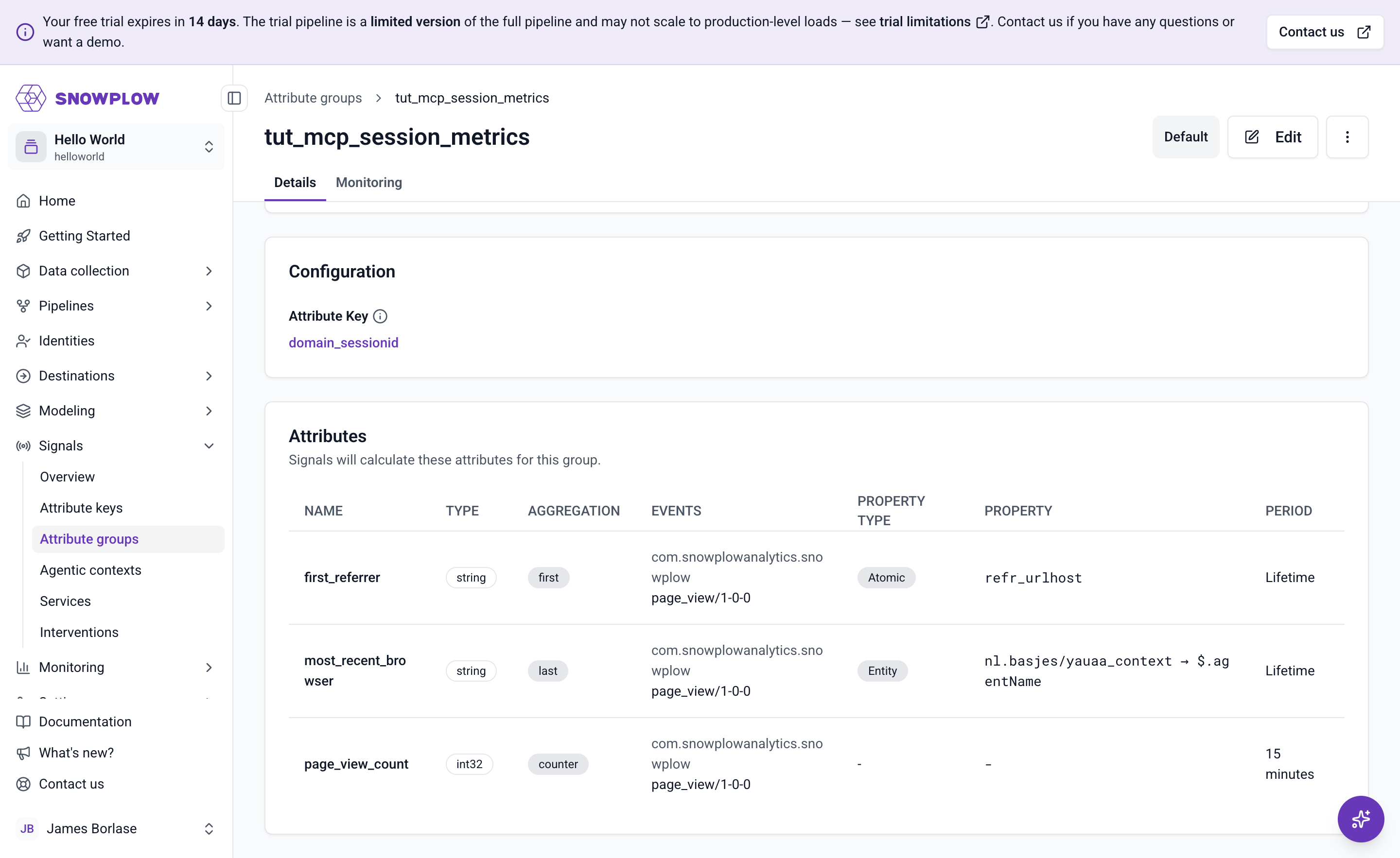 The attribute group detail page, showing the domain_sessionid attribute key and the three attribute definitions with their aggregations and properties