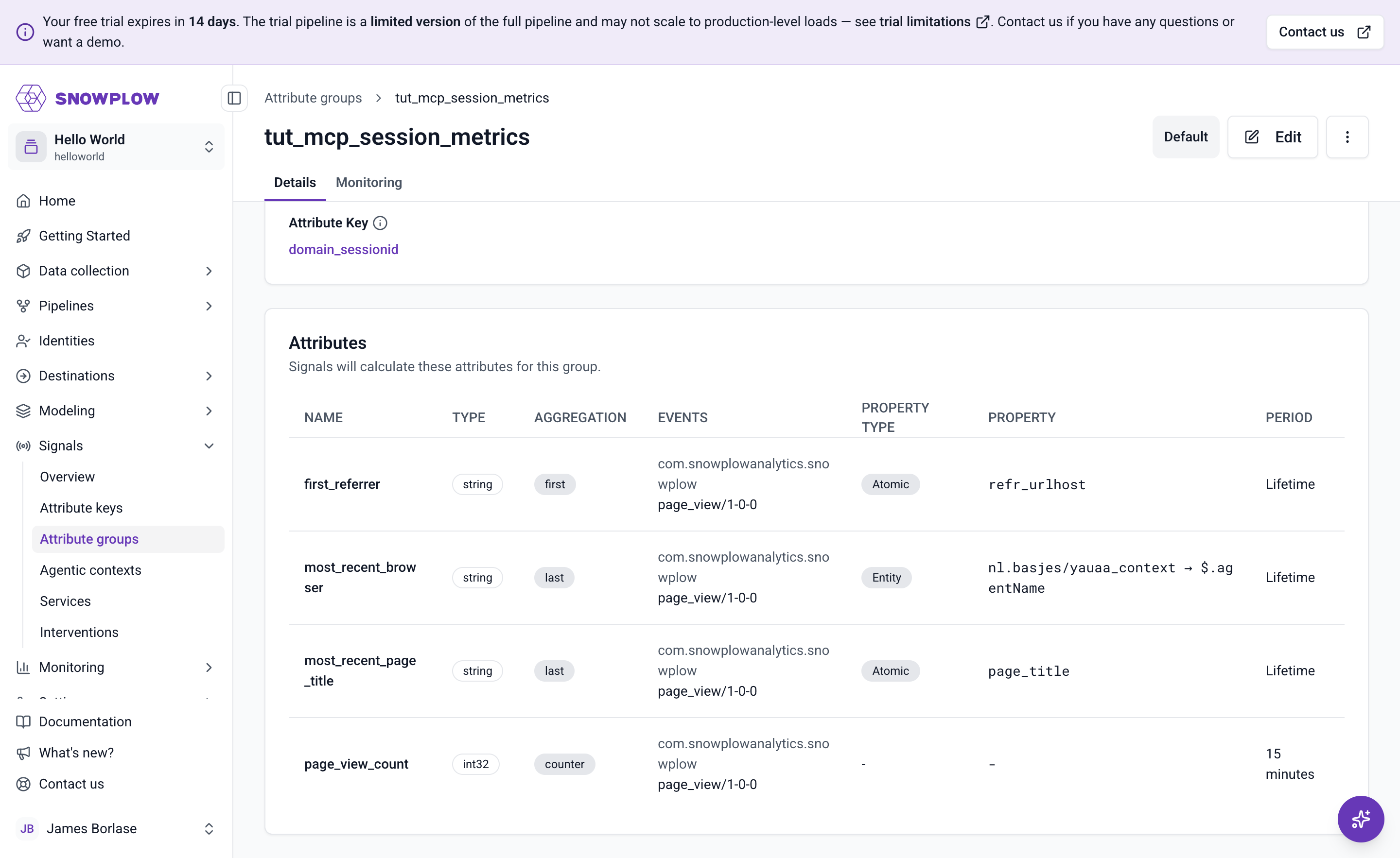 The attribute group detail page for the new version, with most_recent_page_title added as a fourth attribute