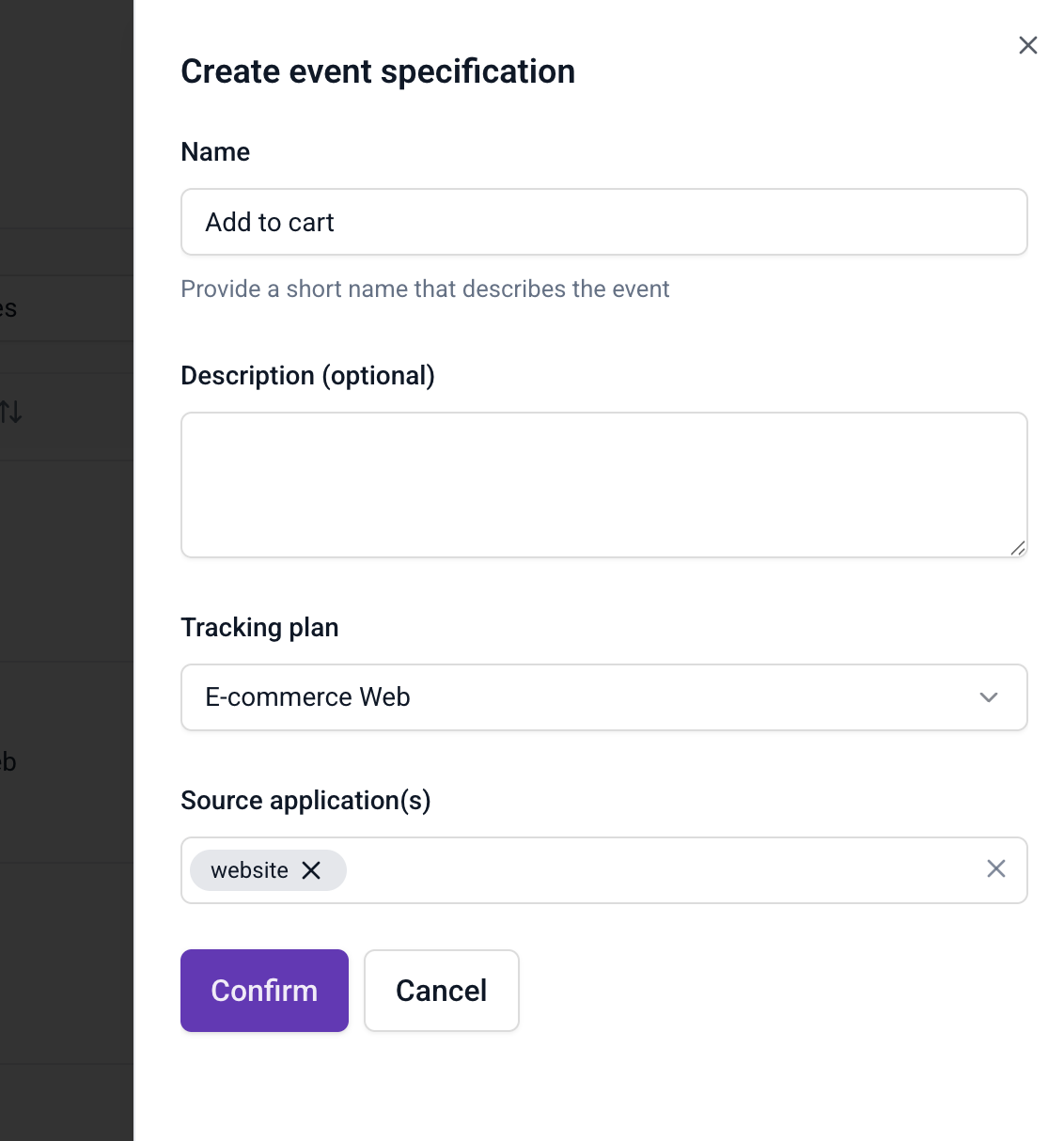 Create event specification dialog