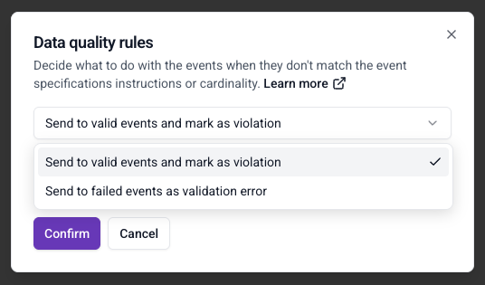"Data quality rules" dialog for a tracking plan, showing the options "Send to valid events and mark as violation" and "Send to failed events as validation error"