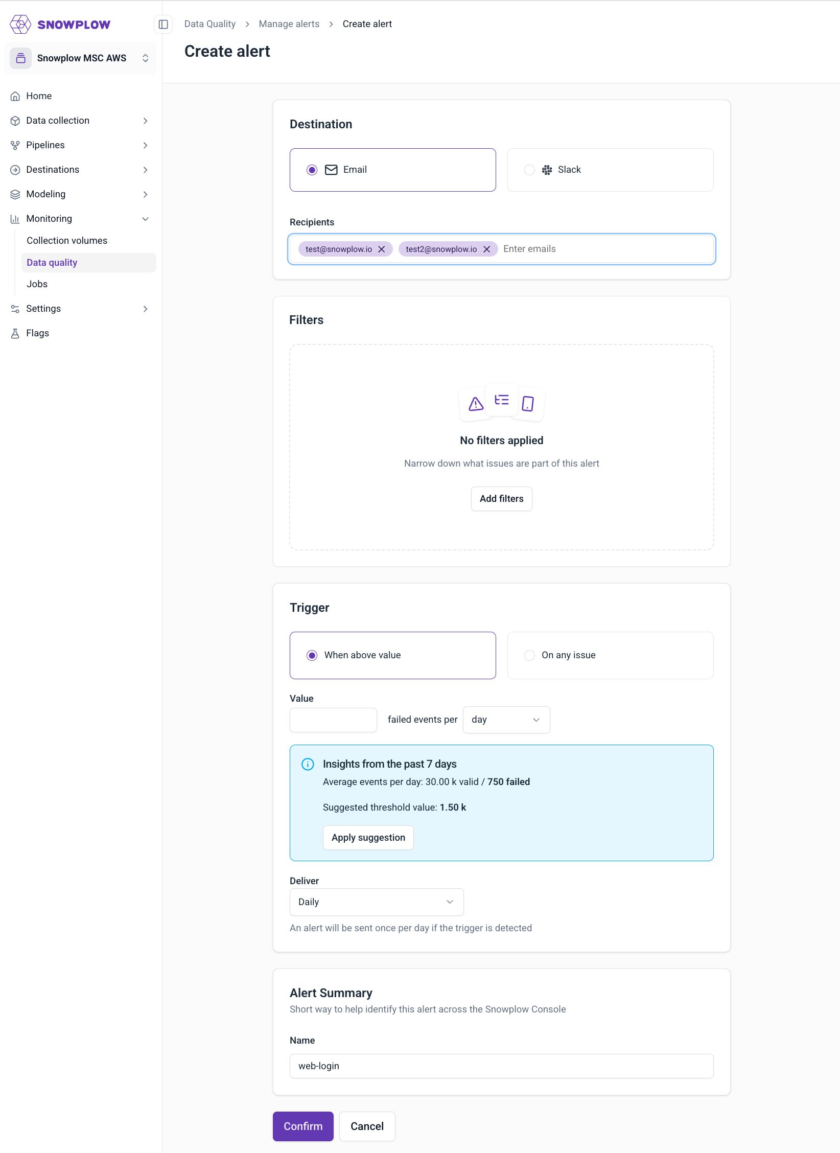 Email destination configuration