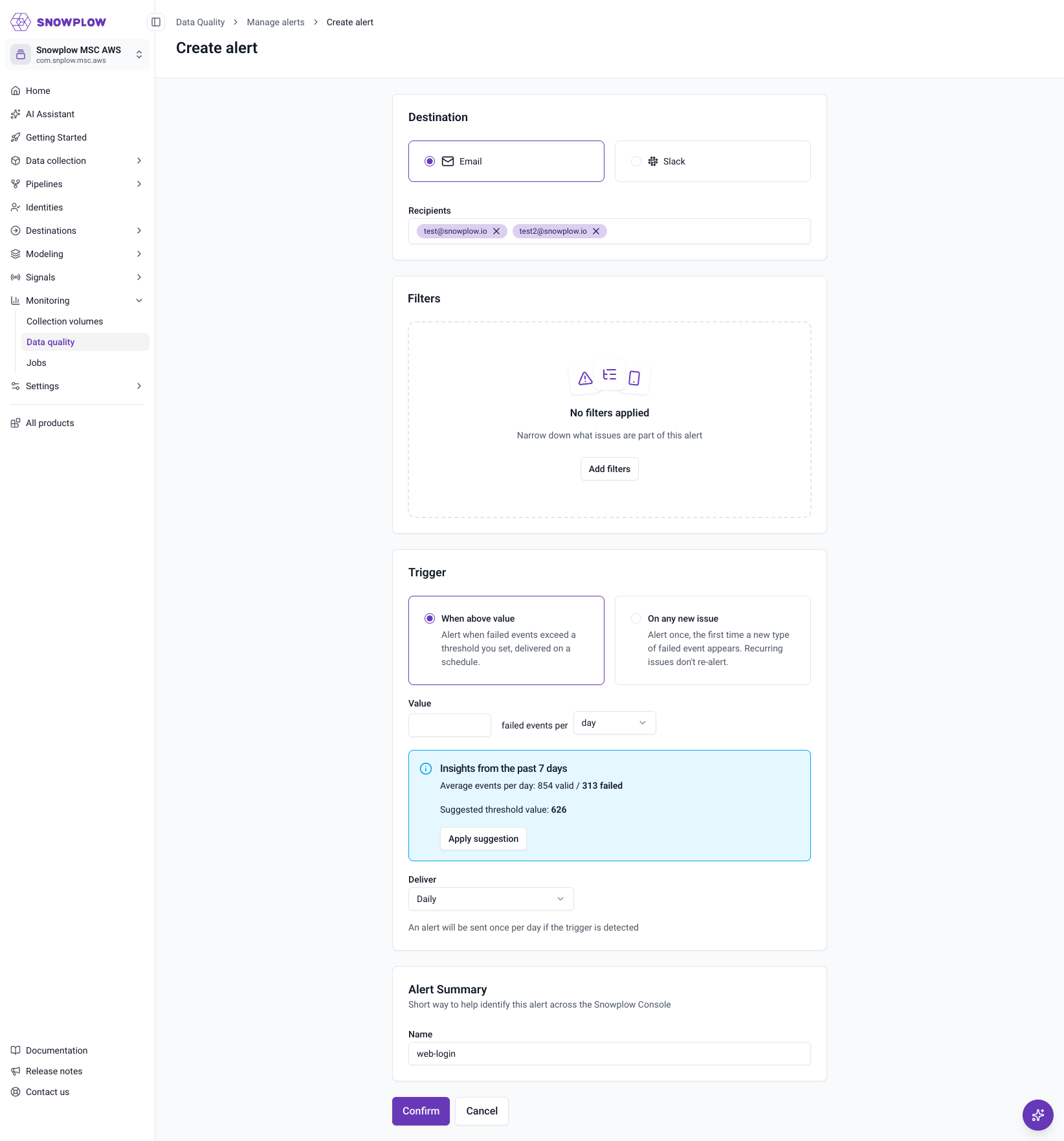 Create alert form with Email selected as the destination, two recipient addresses added, trigger set to "When above value" with insights showing 313 failed events per day and a suggested threshold of 626, delivery set to Daily, and the alert named "web-login"
