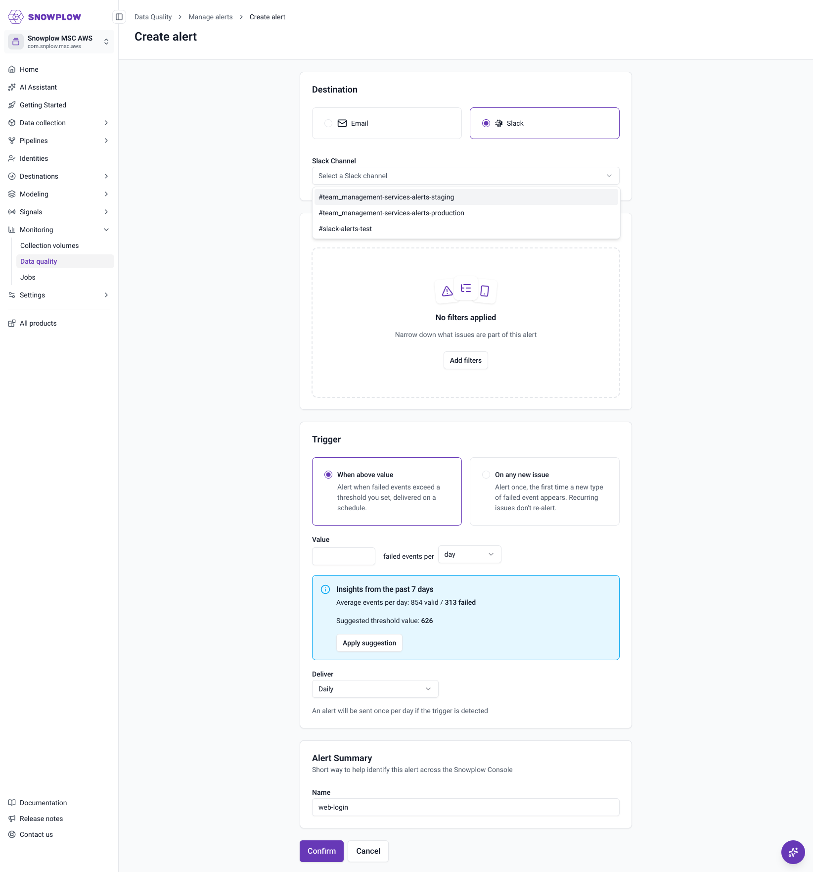 Create alert form with Slack selected as the destination and the Slack channel dropdown open, listing three channels including #slack-alerts-test