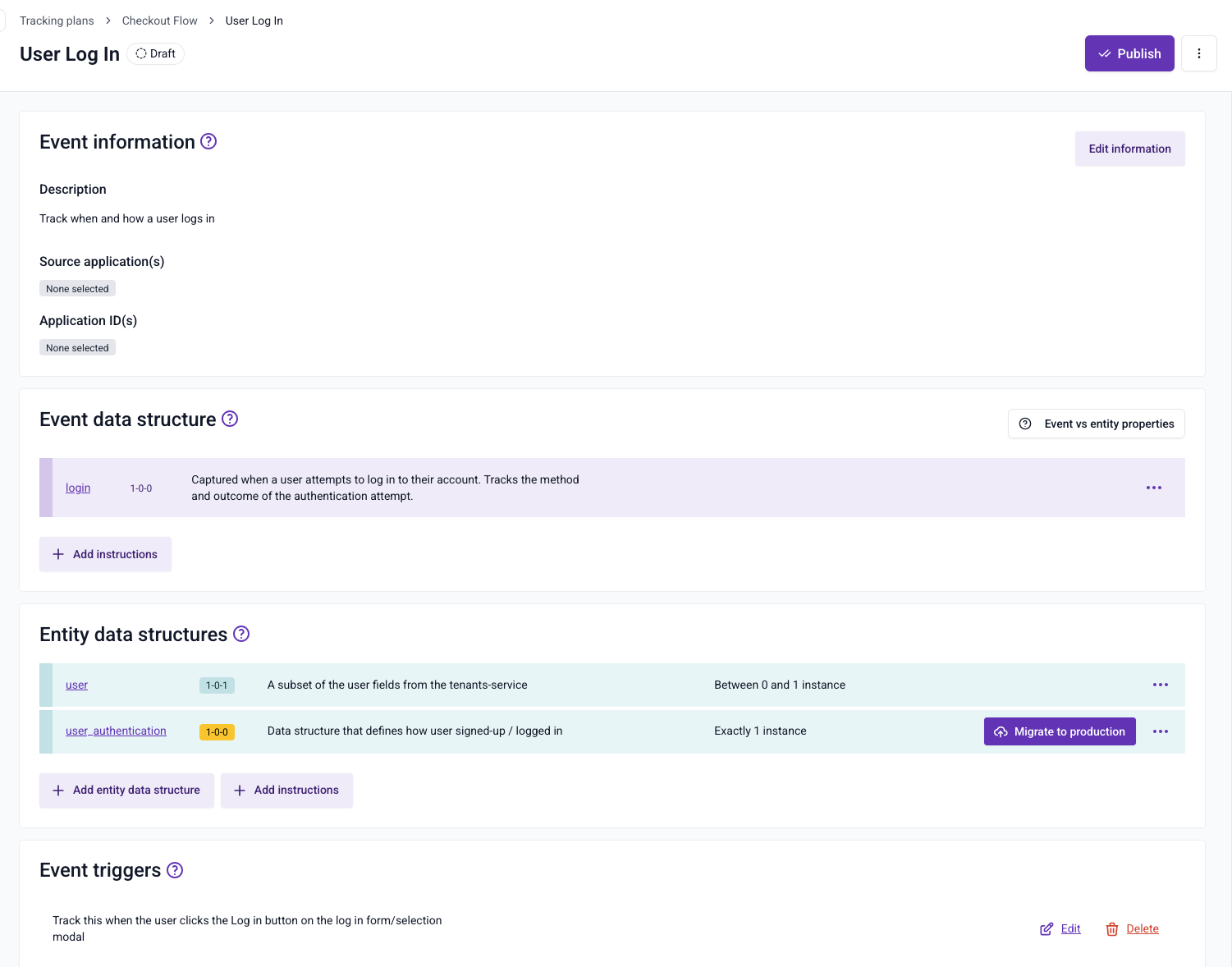Console screenshot showing the example event specification