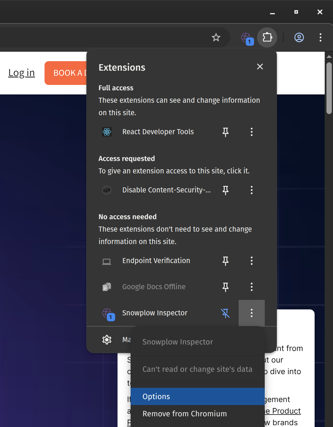 Screenshot of the Chromium browser with the extension menu open. The installed Snowplow Inspector has its Options menu item selected.