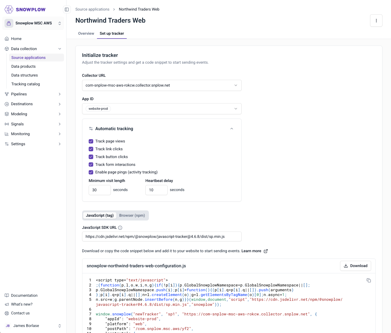 Set up tracker tab of a source application in Console, with Collector URL, App ID, automatic tracking toggles, and a generated JavaScript snippet