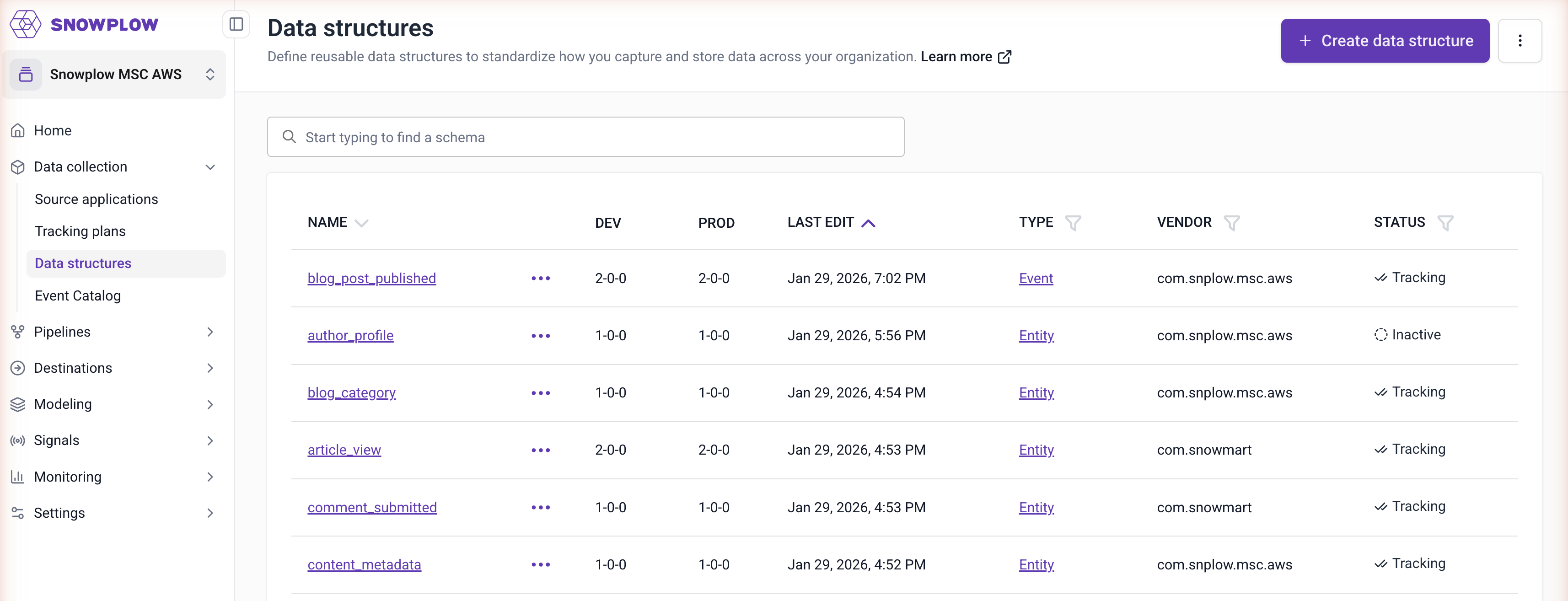 Data structures list in Console, with a status column showing whether each schema is tracking or inactive