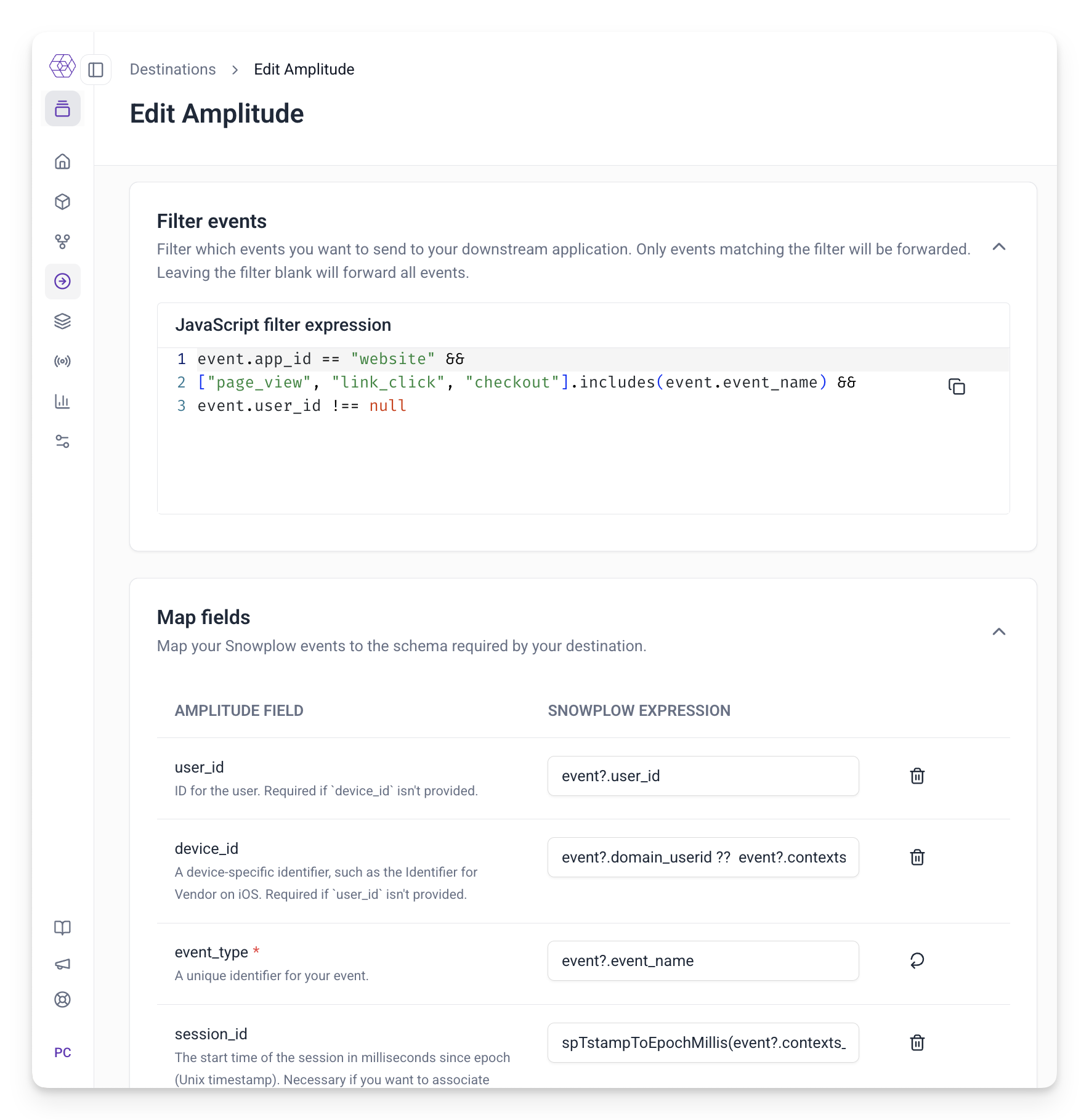Amplitude destination configuration in Console, with a JavaScript filter expression and a table mapping Amplitude fields to Snowplow expressions