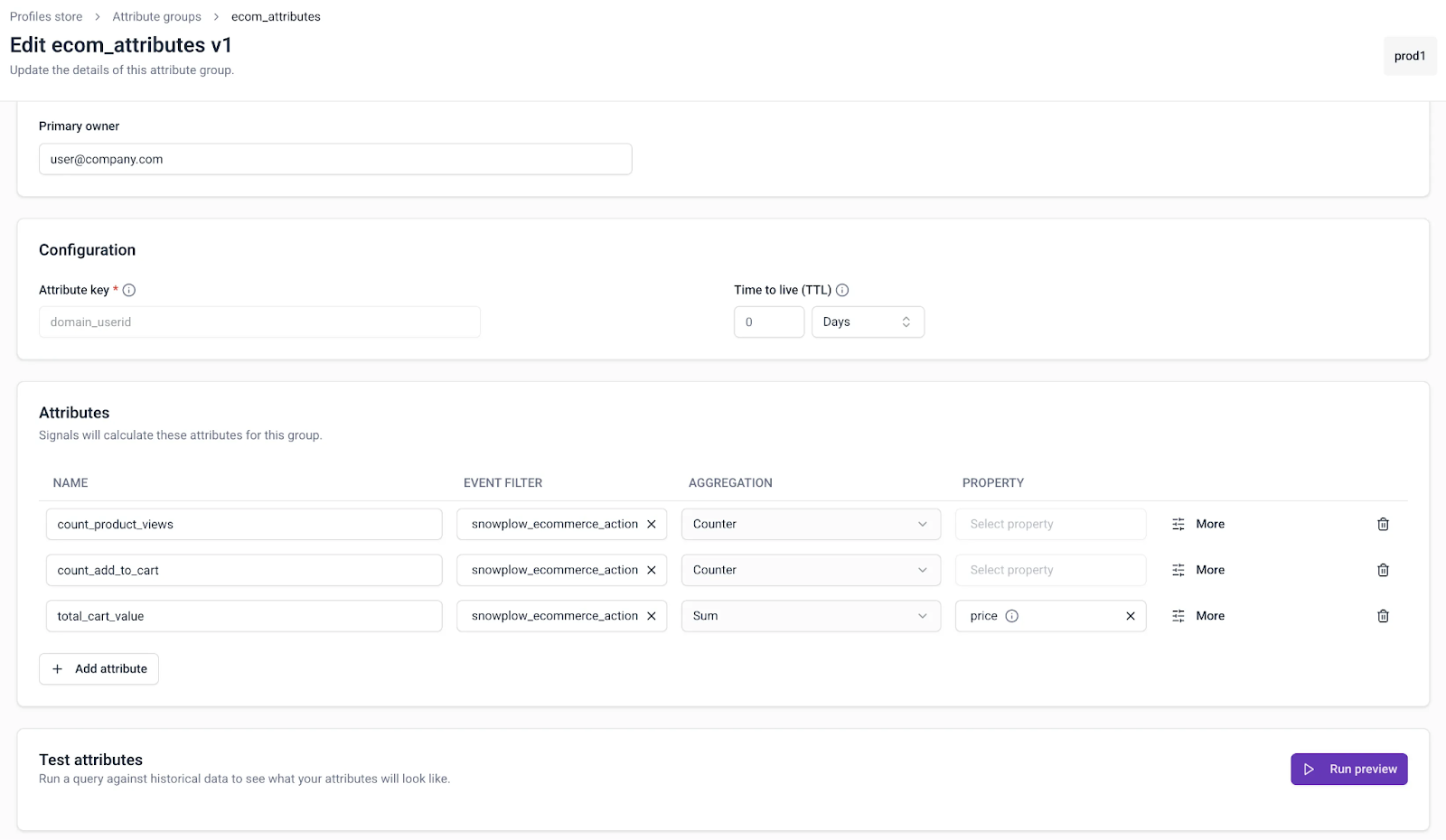 Attribute group editor in Console, configuring an attribute key, time to live, and a list of attributes with their event filters and aggregations