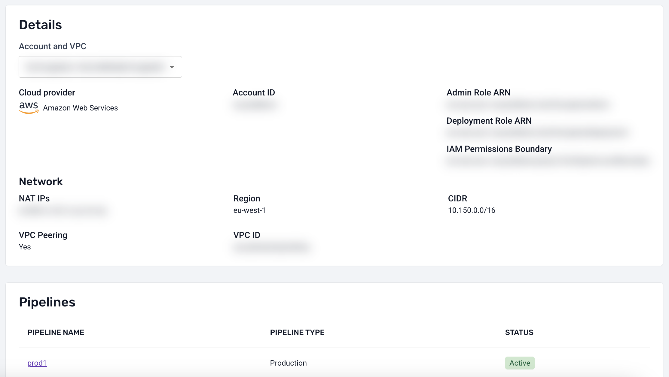 Workspace details page for a private managed cloud deployment, showing account, network, and pipeline information