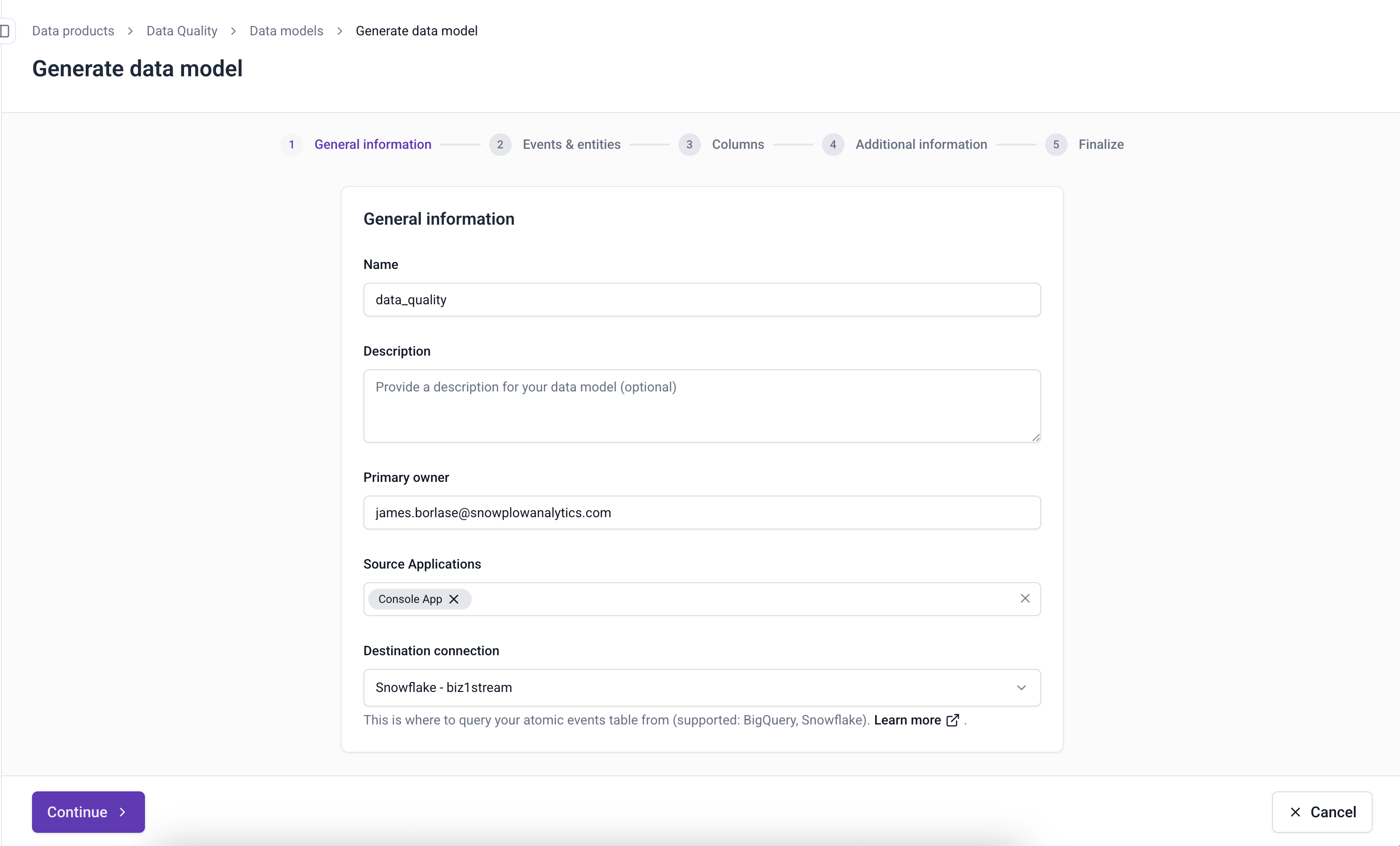 First step of the generate data model wizard in Console, collecting the model name, owner, source applications, and destination connection