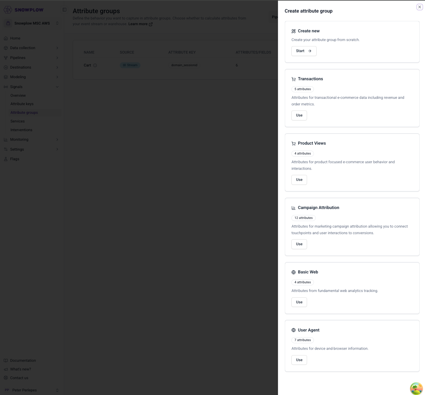 Create attribute group panel in Console, offering a blank group or prebuilt sets such as Transactions, Product Views, and Campaign Attribution