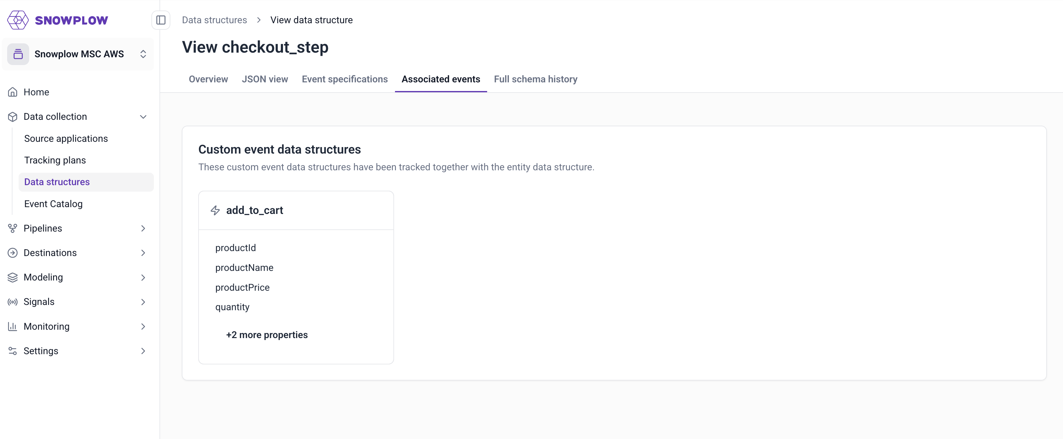 Associated events tab of a data structure in Console, listing the custom event data structures tracked alongside it