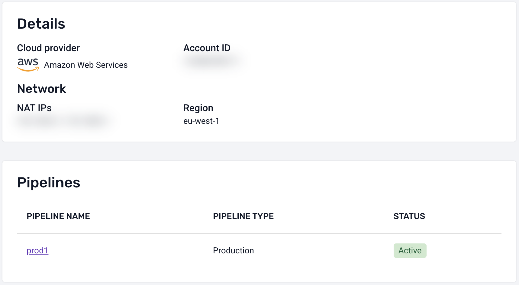 Workspace details page for a cloud deployment, showing cloud provider, region, and pipeline information
