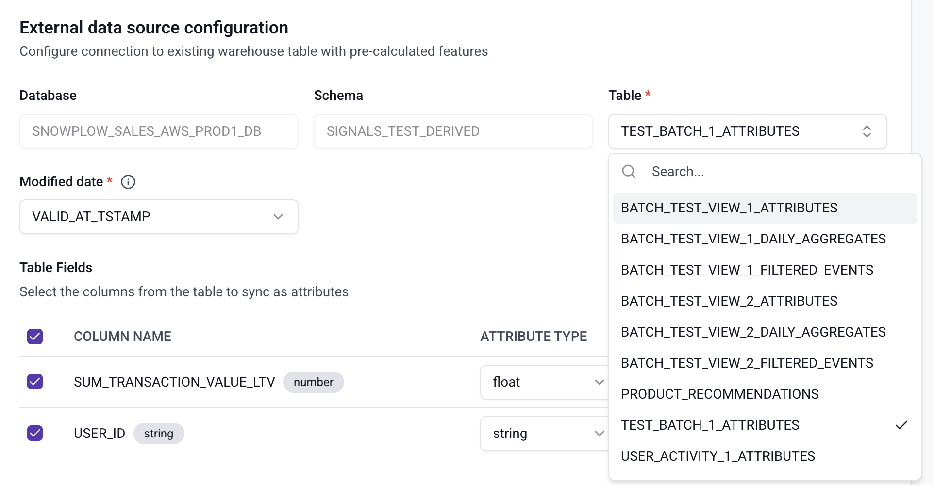 External data source configuration in Console, with database, schema, and table pickers and a list of table fields to sync as attributes