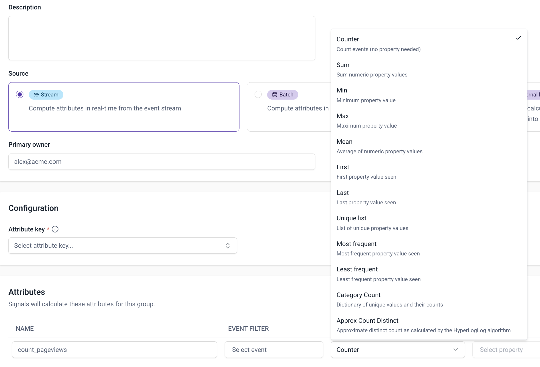Attribute group editor in Console with the aggregation dropdown open, listing counter, sum, min, max, mean, and other aggregations