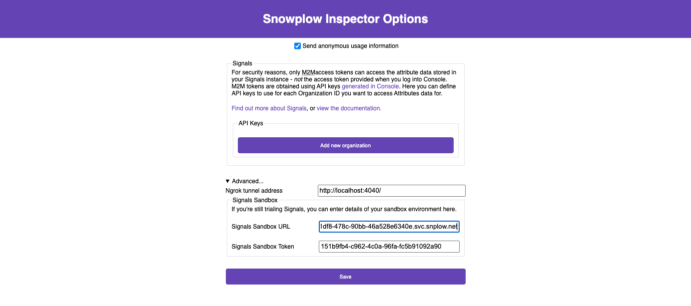 Screenshot showing the Snowplow Inspector extension options page with fields to enter Signals API URL and Token.