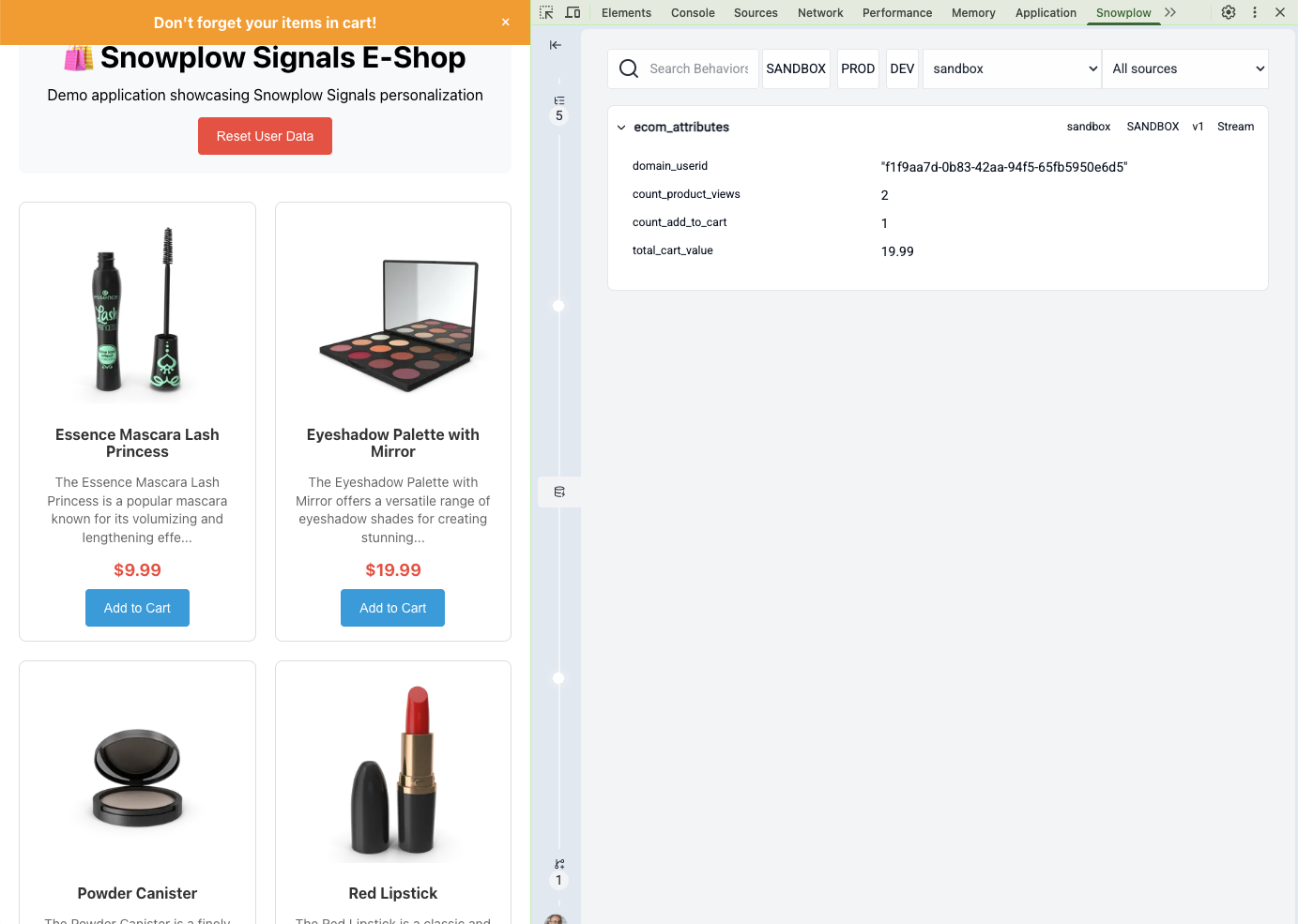 Screenshot showing the Snowplow Inspector extension with Signals attributes displayed.