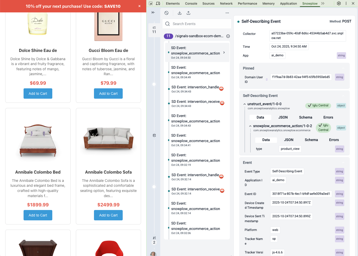 Screenshot showing the Snowplow Inspector extension with tracked events from the demo app.