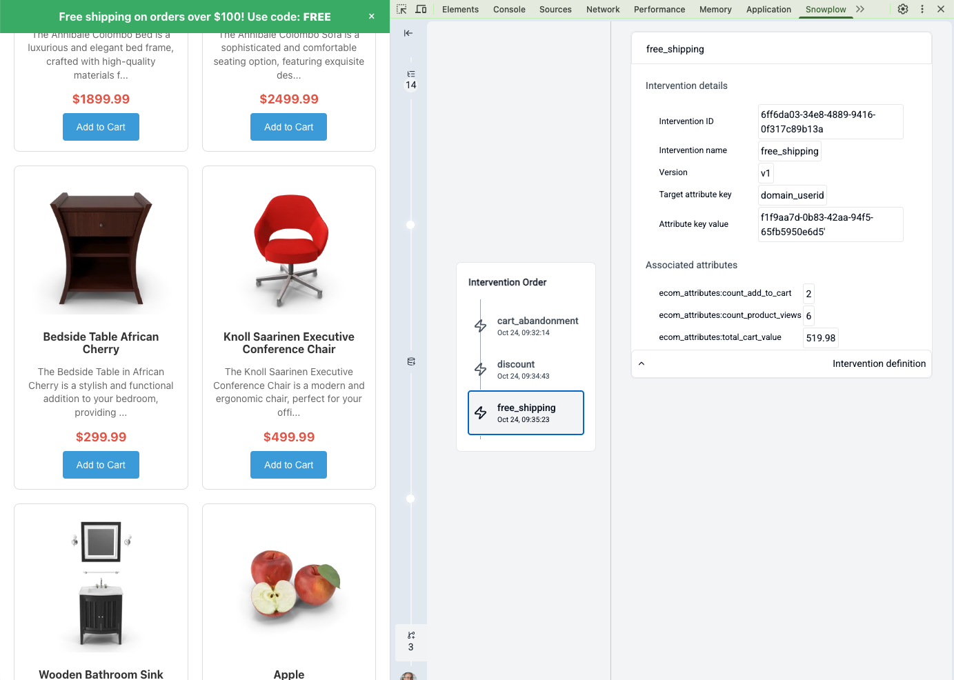 Screenshot showing the Snowplow Inspector extension with Signals interventions displayed.
