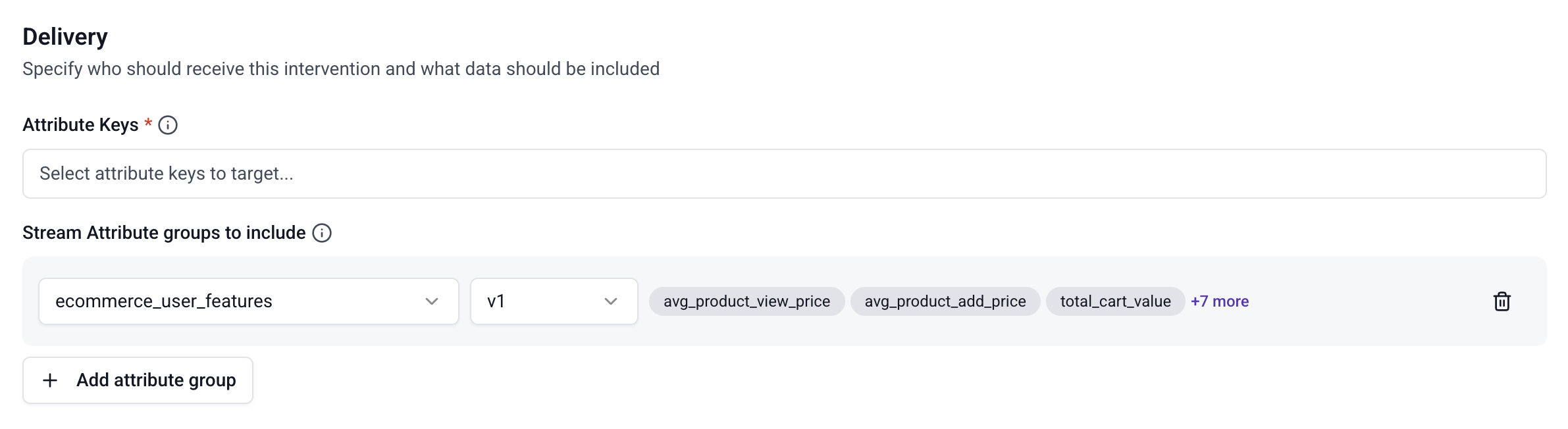 Intervention delivery configuration showing attribute key targeting and attribute group payload selection