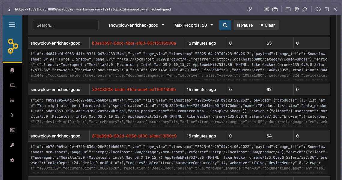 Screenshot showing the snowplow-enriched-good topic