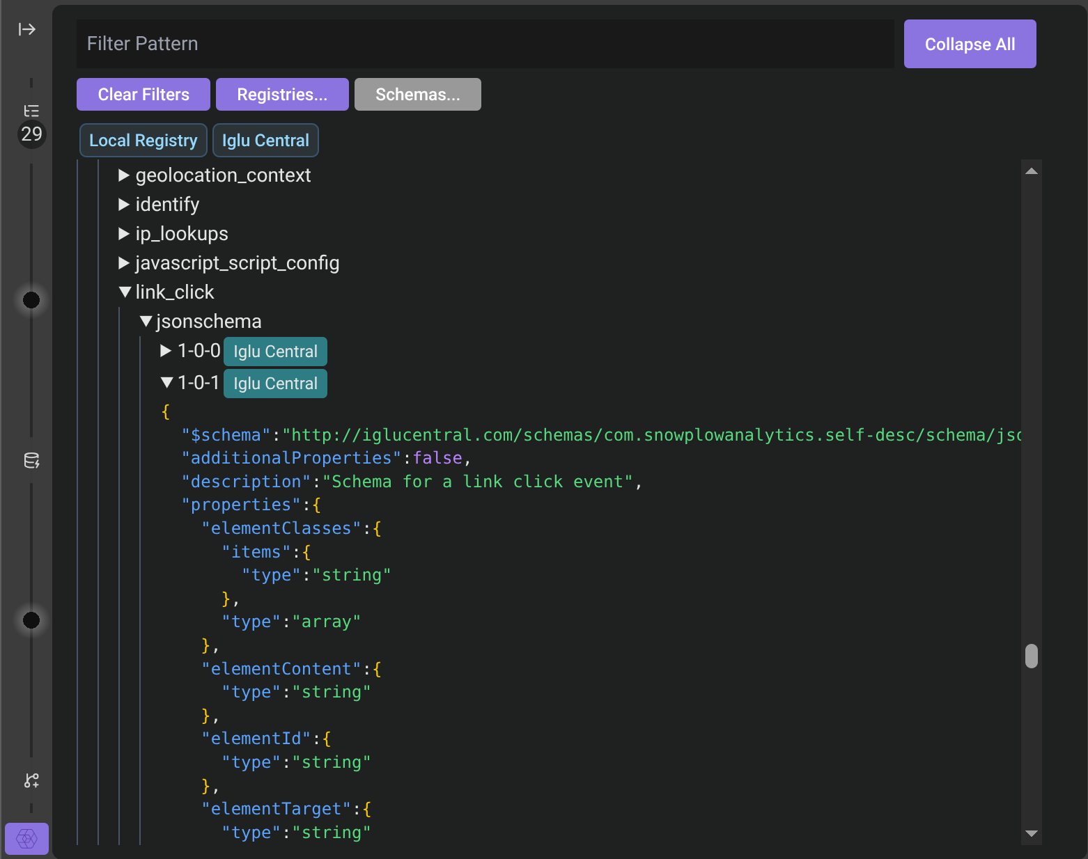 Screenshot of the Snowplow Inspector&#39;s &quot;Manage Schemas&quot; page with the default Local and Iglu Central registries configured.